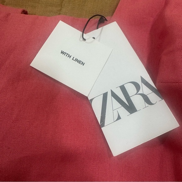 NWT Zara Linen Blend Short Sleeve Mini Dress Bow Size Large Coral Pink - Picture 3 of 13